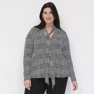 Lane Bryant Black White Plaid‎ Herringbone Swing Tie Neck Long Sleeve Top 14/16